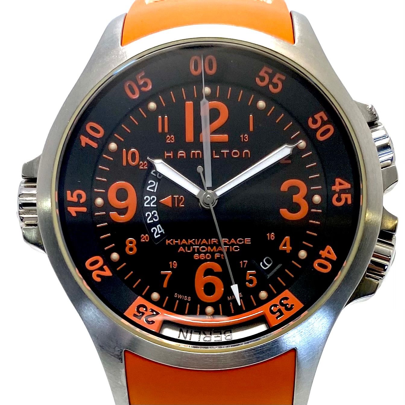 動作良好 腕時計 メンズ ハミルトン HAMILTON カーキ GMT エアレース H77665873 H776650 自動巻 裏スケ 黒 デイト表示 200m防水 ラバーベルト パイロットウォッチ