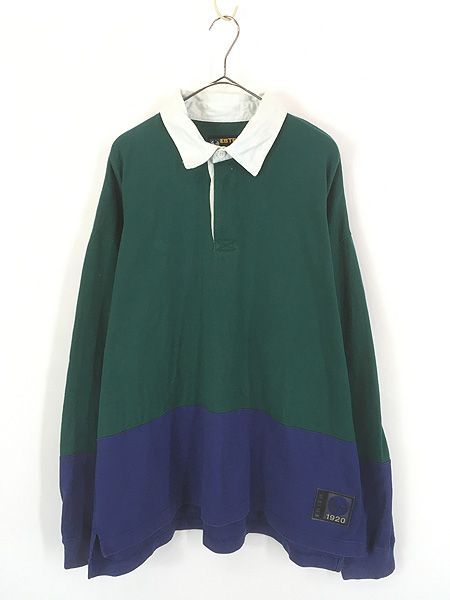 古着 90s Eddie Bauer 「EBTEK」 グリーン×ネイビー 2カラー ラバー パッチ ラガー ラグビー シャツ XL