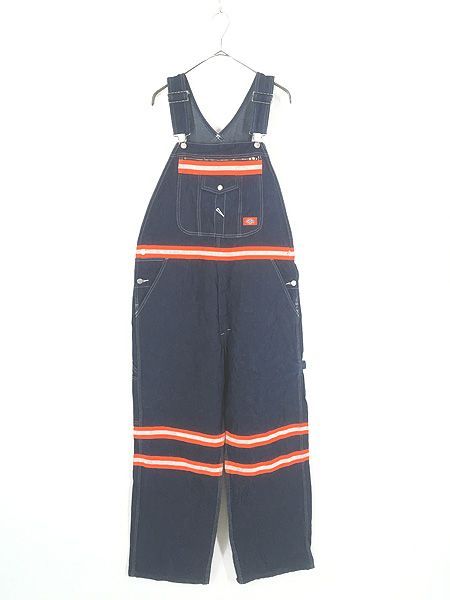 古着 Dickies 濃紺 100%コットン デニム セーフティー テープ ワーク オーバーオール サロペット W39 L30 ミント!!