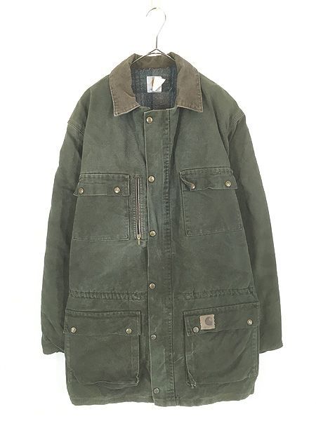 古着 80s USA製 Carhartt 裏地 ブランケット モスグリーン ダック 5ポケット カバーオール ジャケット L