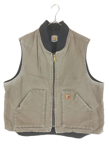 古着 Carhartt ブラウン ダック 首リブ パデット ベスト 2XL
