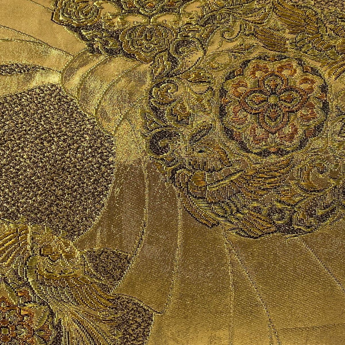 在庫一掃】 袋帯 秀品 花鳥紋 束ね熨斗 箔 金糸 金色 六通 正絹 【中古