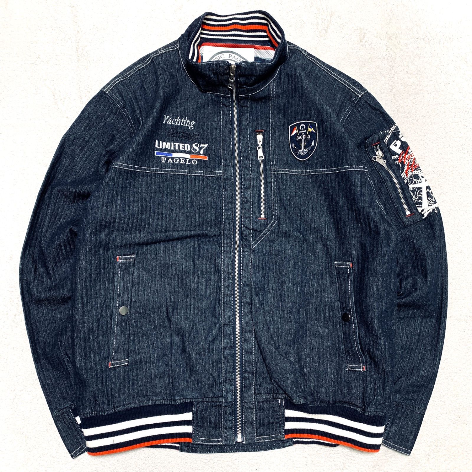 PAGELO セットアップスーツ デニムジャケット ライダースブルゾン デニムパンツ ロゴ刺繍 タック入り LLサイズ インディゴブルー 青系 パジェロ