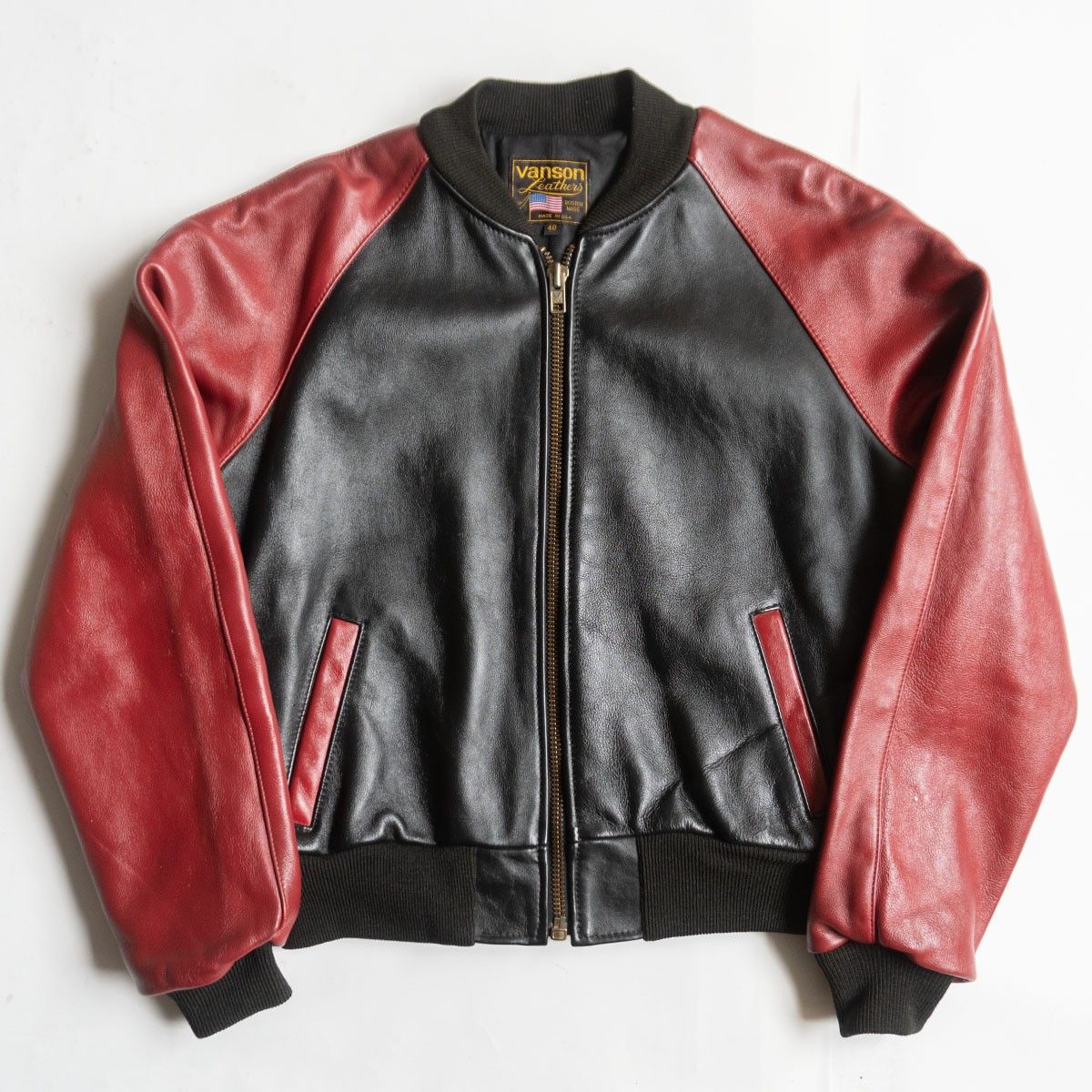 美品】 VANSON 【TJV オールレザー スタジャン】40 レッド ブラック 