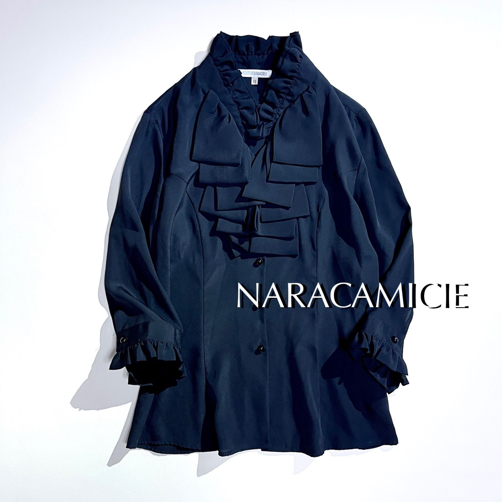 cY98 NARACAMICIE フリル トップス シャツ 7分丈 フレア フリル ブラウス ボリュームリボン オフィス フォーマル ブラック 黒 ナラカミーチェ cY98 NARACAMICIE フリル トップス シャツ 7分丈 フレア フリル