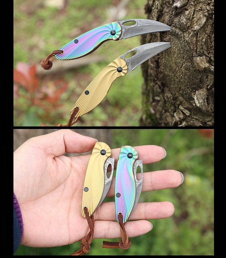  ダマスカス鋼 折りたたみナイフ 小型 フォールディングナイフ レインボー ゴールド ハンドメイド 本革ストラップ付き EDC ナイフ キャンプ 釣り 登山 アウトドア 携帯用 ナイフ ハンドメイド 手作り キャンプ アウトドア 釣り SGYP274 マット ナイフ ツール アウトドア