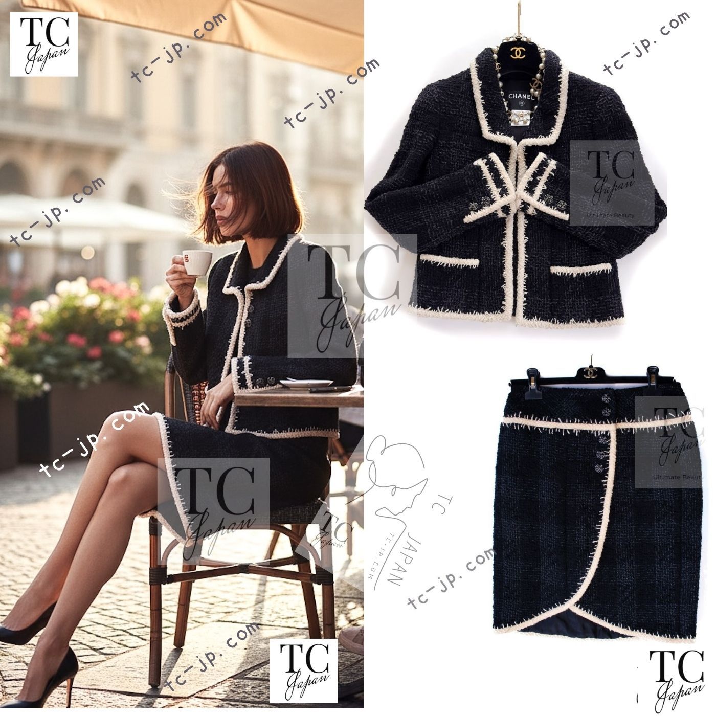 シャネル ジャケット スーツ CHANEL ブラック アイボリー トリミング 