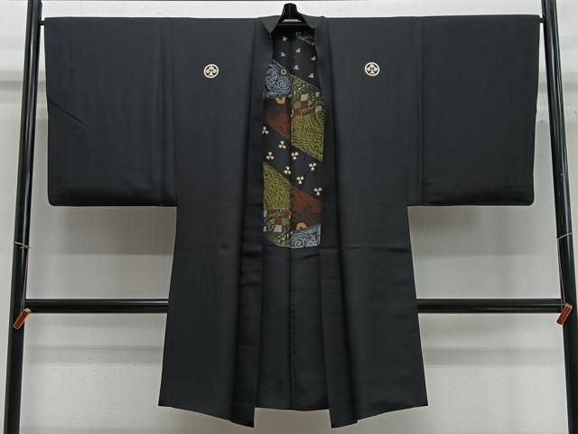 平和屋着物∞男性 長羽織 黒紋付 羽裏：動物文 正絹 逸品 CABC3176ua