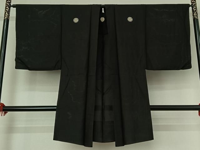 平和屋着物▽男性　羽織　黒紋付　スリーシーズン　春夏秋　塵除け　暗黒色　正絹　逸品　AABG0217jh