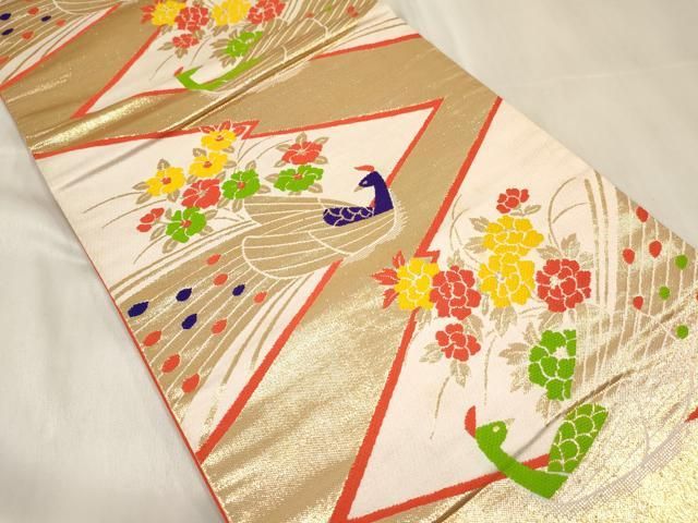 平和屋着物[]七五三　子供　女の子　全通柄袋帯　孔雀花文　金糸　逸品　DABA3929ma