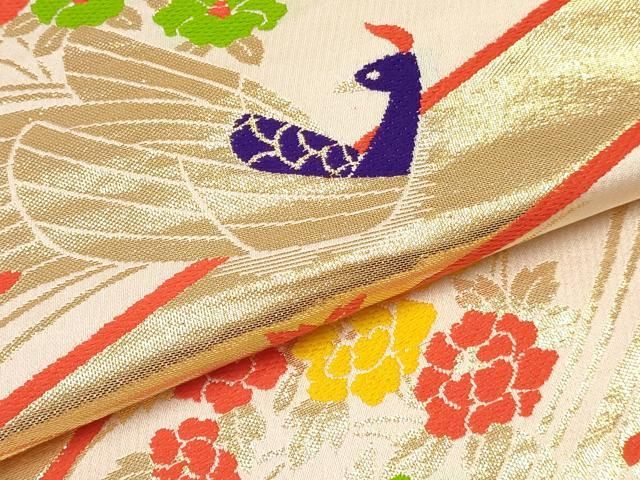 平和屋着物[]七五三　子供　女の子　全通柄袋帯　孔雀花文　金糸　逸品　DABA3929ma