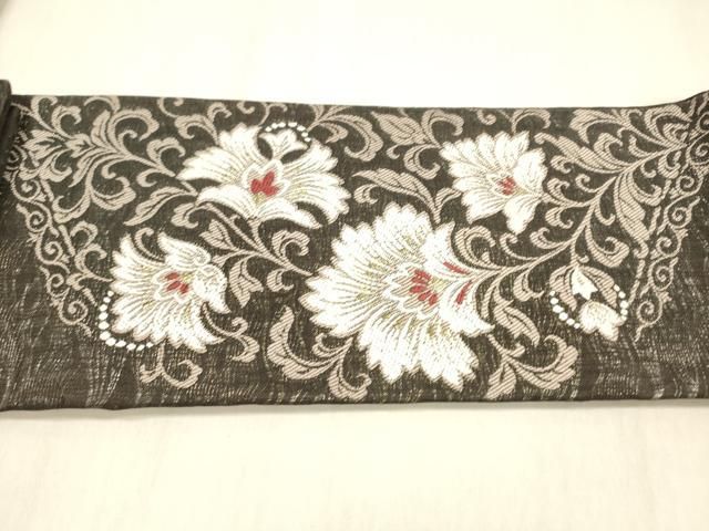 平和屋着物▽つけ帯　スリーシーズン　春夏秋　唐織　更紗花文　黒地　金銀糸　正絹　逸品　DABB3998cm 平和屋着物▽つけ帯 スリーシーズン 春夏秋 唐織 更紗花文 黒地 金銀糸