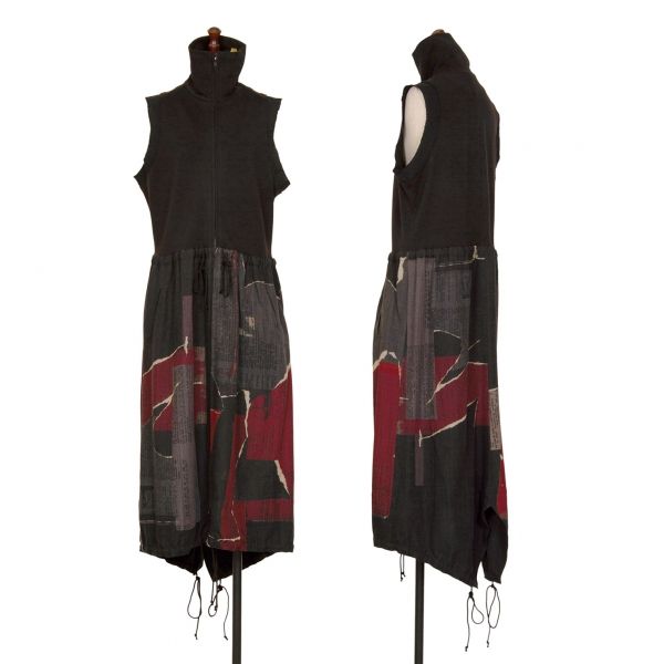 ワイズY's ジップアップ総柄切替モッズワンピース 黒チャコールグレー