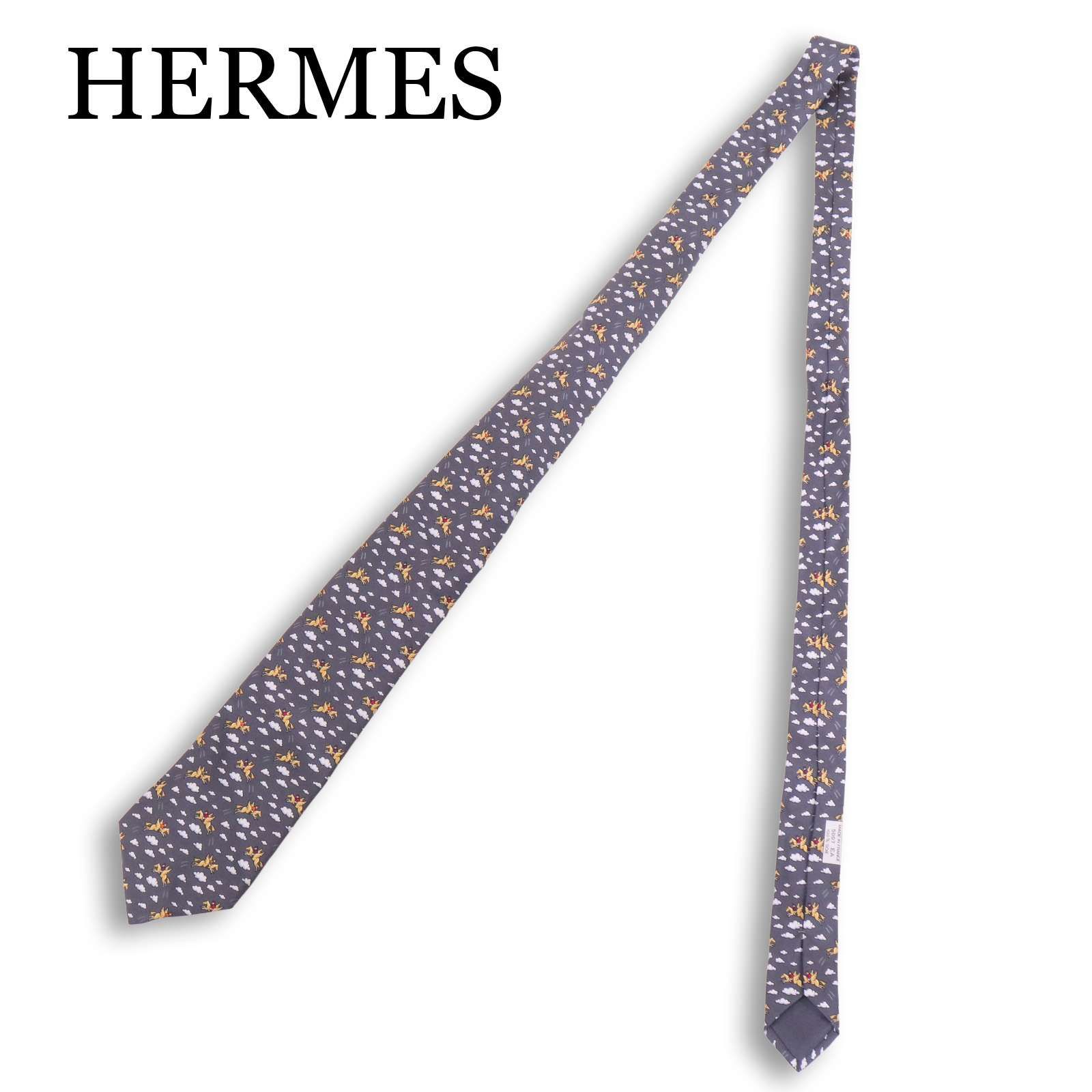 HERMES エルメス 動物 馬 ペガサス柄☆ シルク ネクタイ Sz.F メンズ