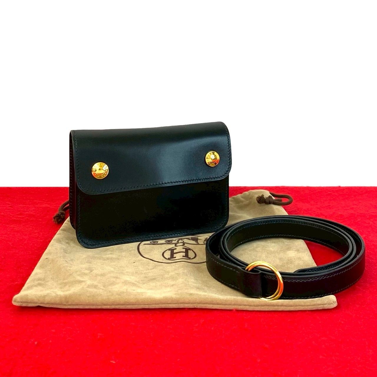 極 美品 袋付き □F 刻印 HERMES エルメス ポシェットグリーン