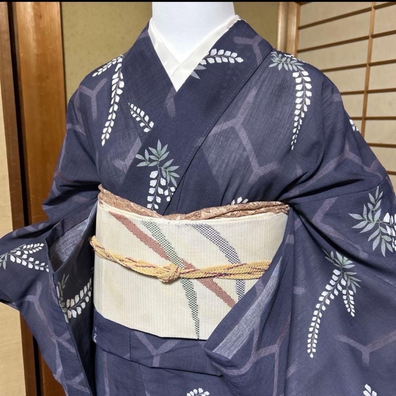 レディース 化繊紗紬風小紋フルセット 美品着物+夏帯+帯締め+夏帯揚げ