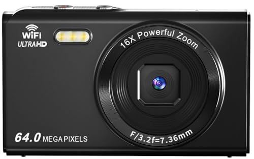 デジカメ4K スマホに送れる デジタルカメラ WIFI転送機能 6400万画素 64GBマイクロSDカード付き オートフォーカス機能 16倍デジタルズーム LEDライト ウェブカメラ 2.8インチデイスプレイ バッテリー2枚付属 子供や初心者 e27fd066