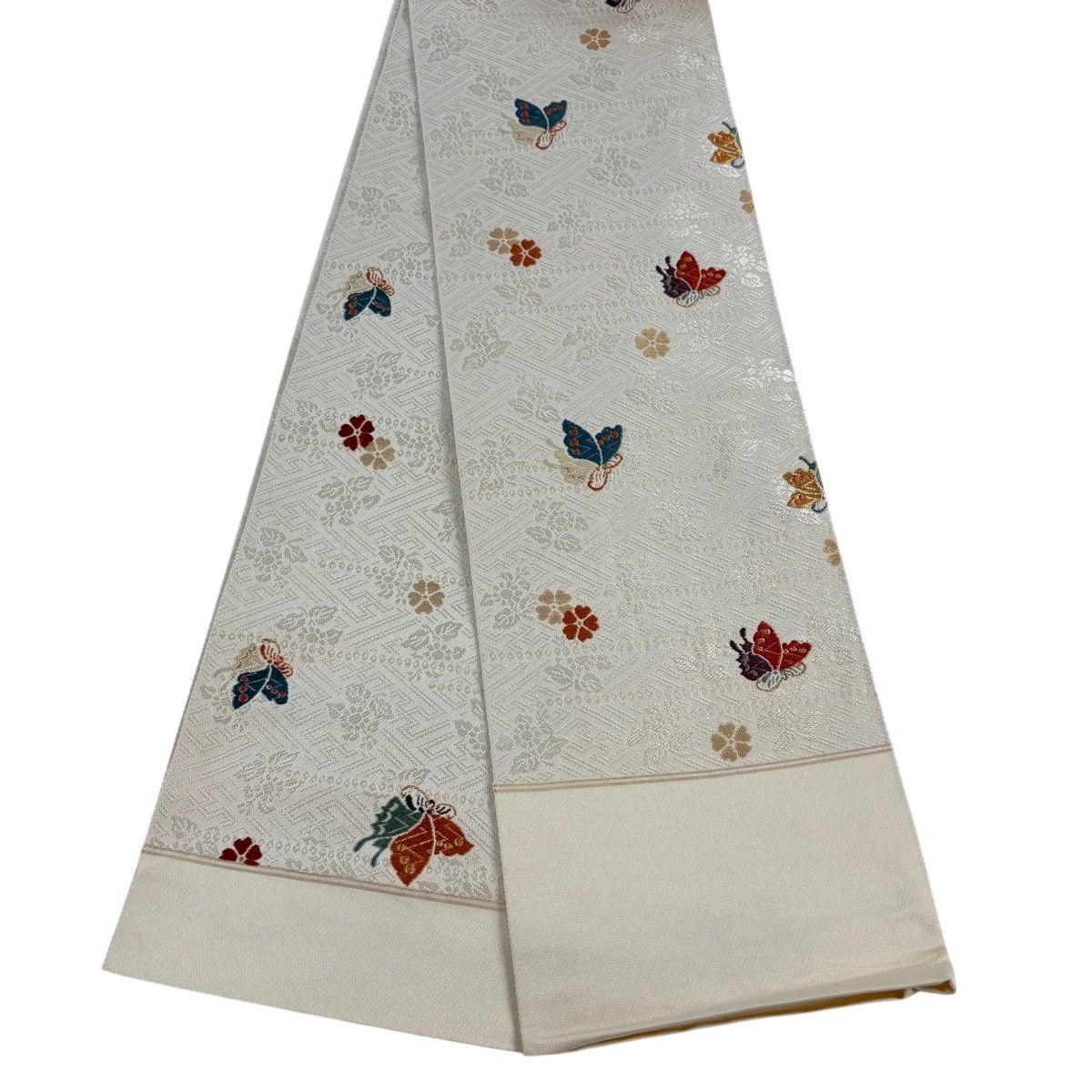 美品】半幅帯 名品 証紙 蝶 桜 金糸 箔 クリーム 正絹 【】 【公式通販】
