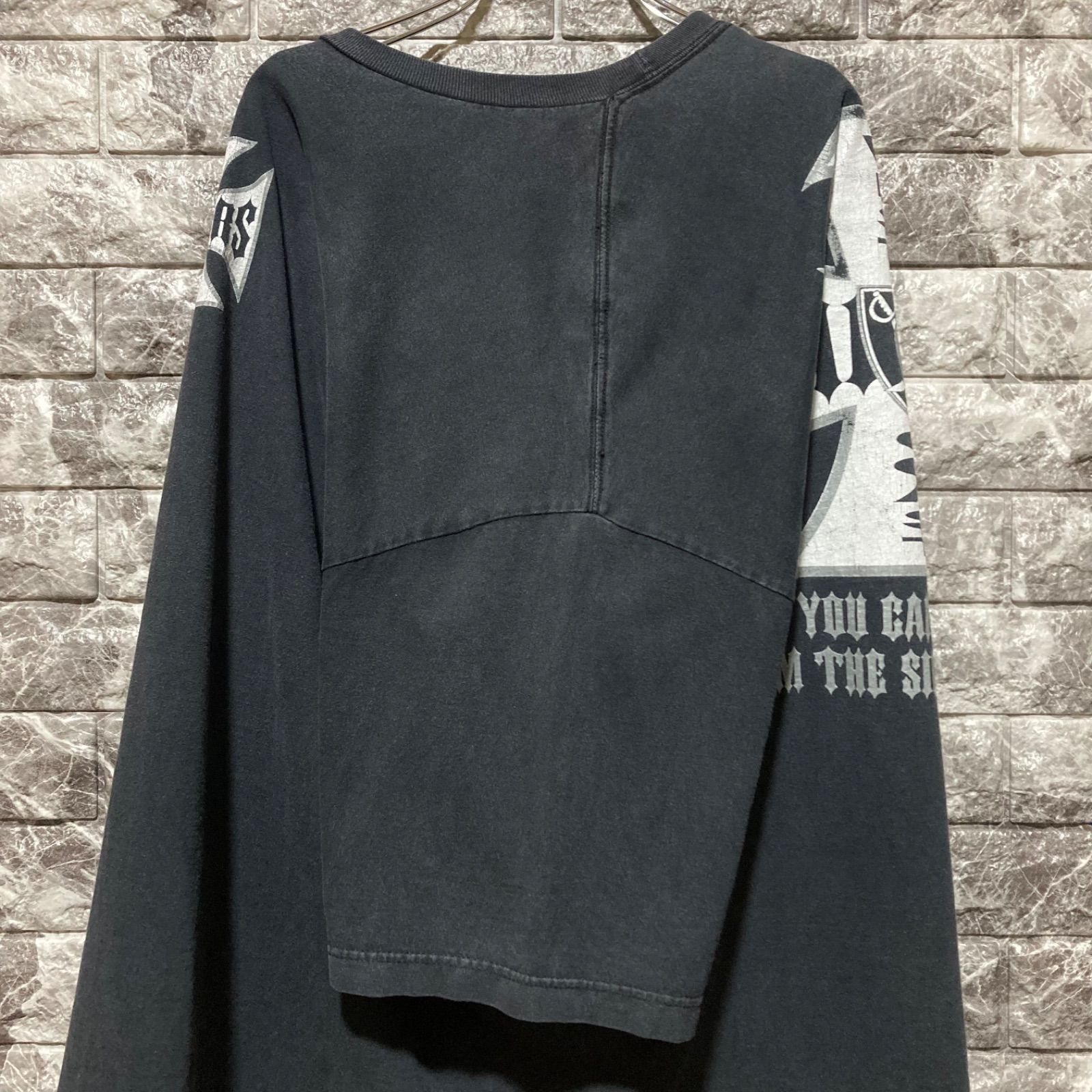 90s RAIDERS ロンT XL 鬼フェード 袖フレイム レイダース WEST COAST RAIDERS Tシャツ 3XL レイダース 黒 鬼フェード 超フェード