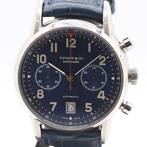 稼動 ティファニー AT|自動巻 CT60 クロノグラフ デイト 裏スケ 青文字盤 メンズ腕時計 0072710 2DKT IKE ABC18714
