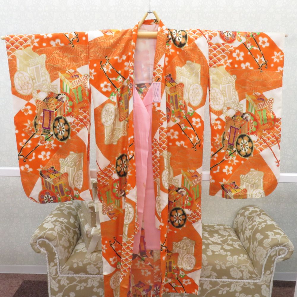 子供着物 女の子用 四つ身 襦袢セット オレンジ×オフホワイト×金彩