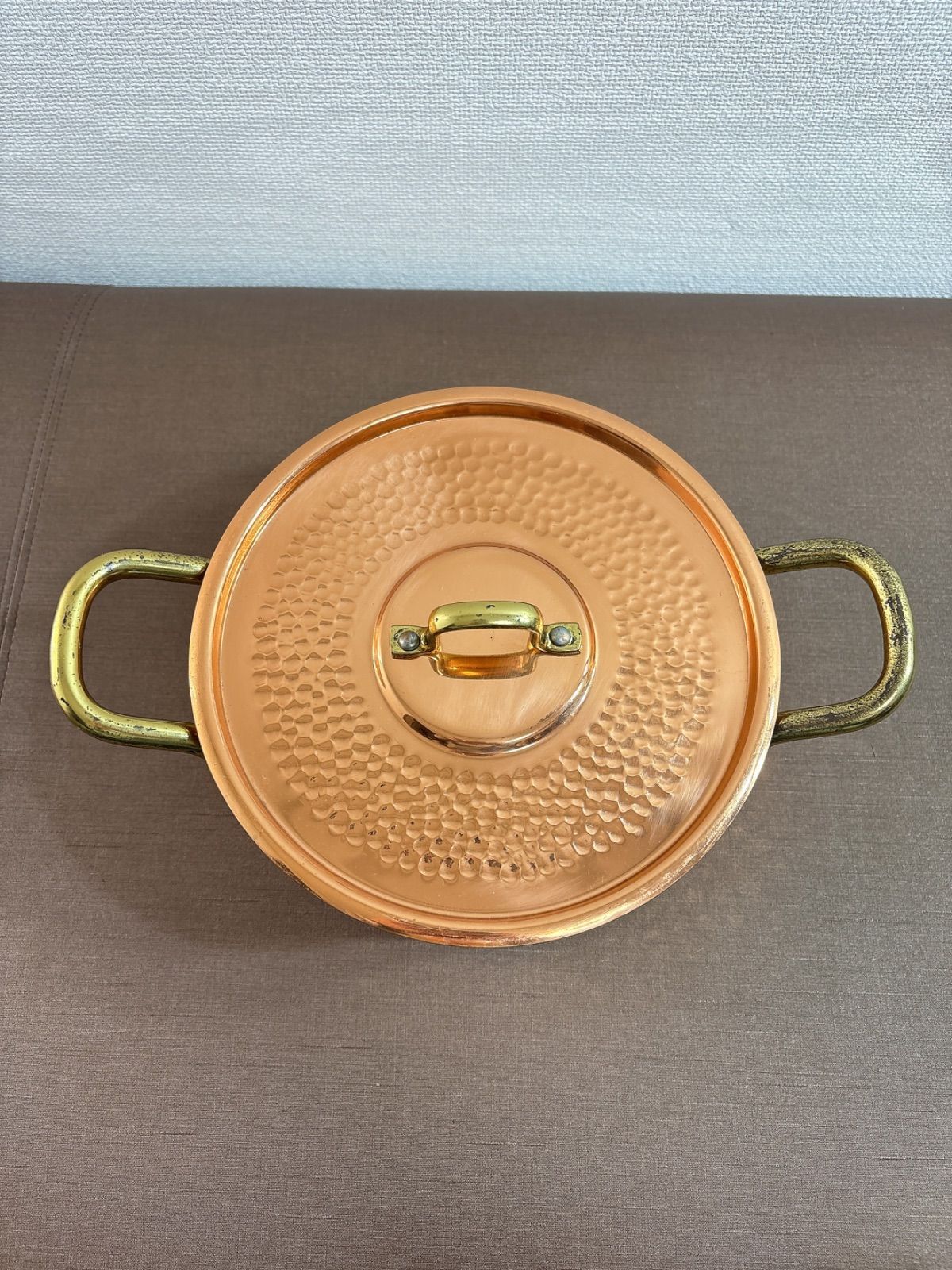 MORICO 銅製 両手鍋 フタ付き 直径17cm ハンマード レトロ調理器具 