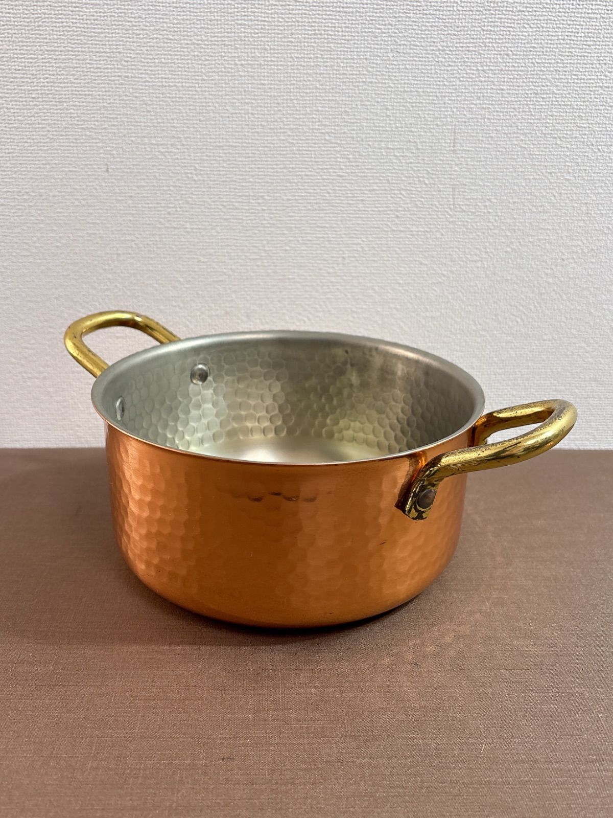 MORICO 銅製 両手鍋 フタ付き 直径17cm ハンマード レトロ調理器具 