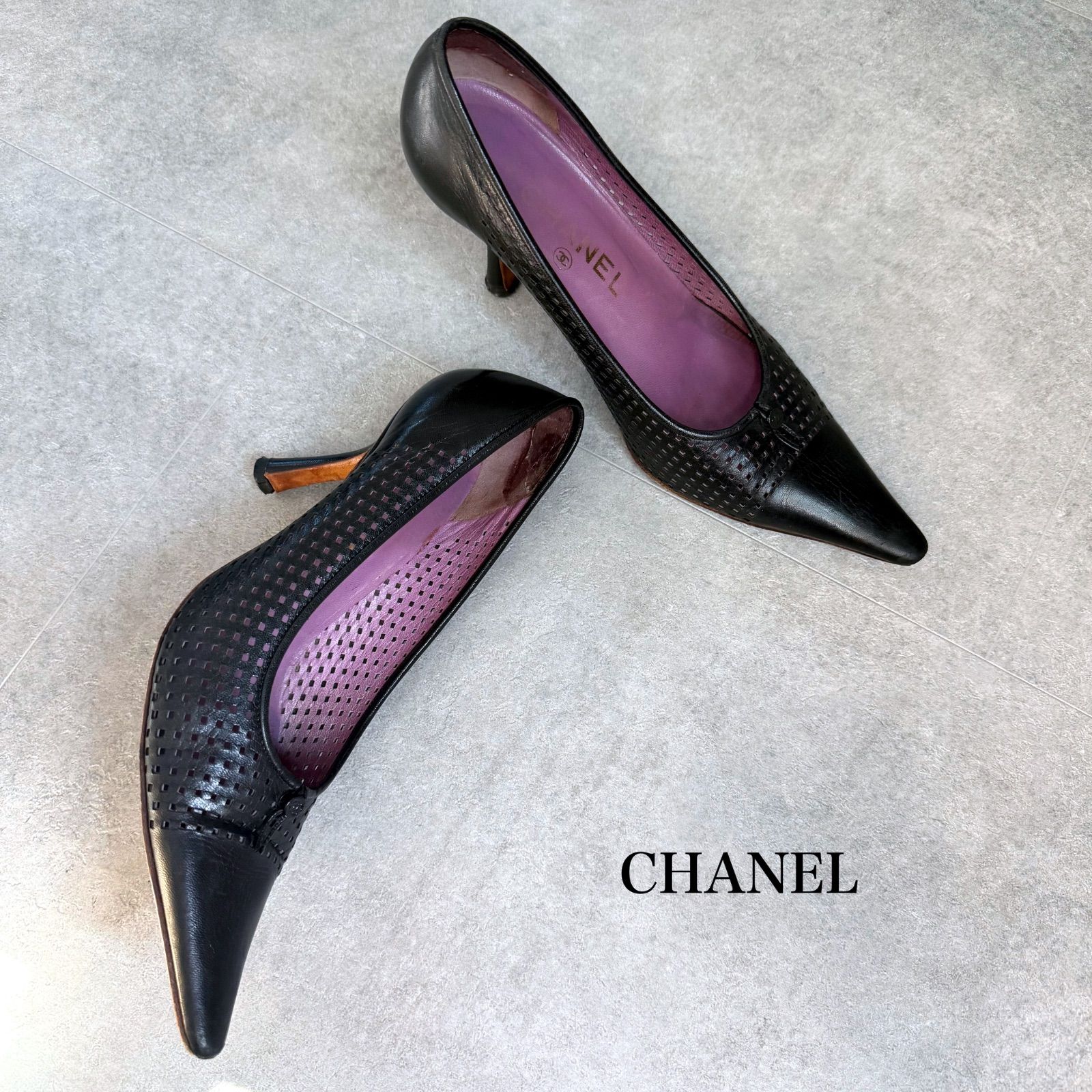 CHANEL シャネル ココボタン ポインテッドトゥパンプス レザー 
