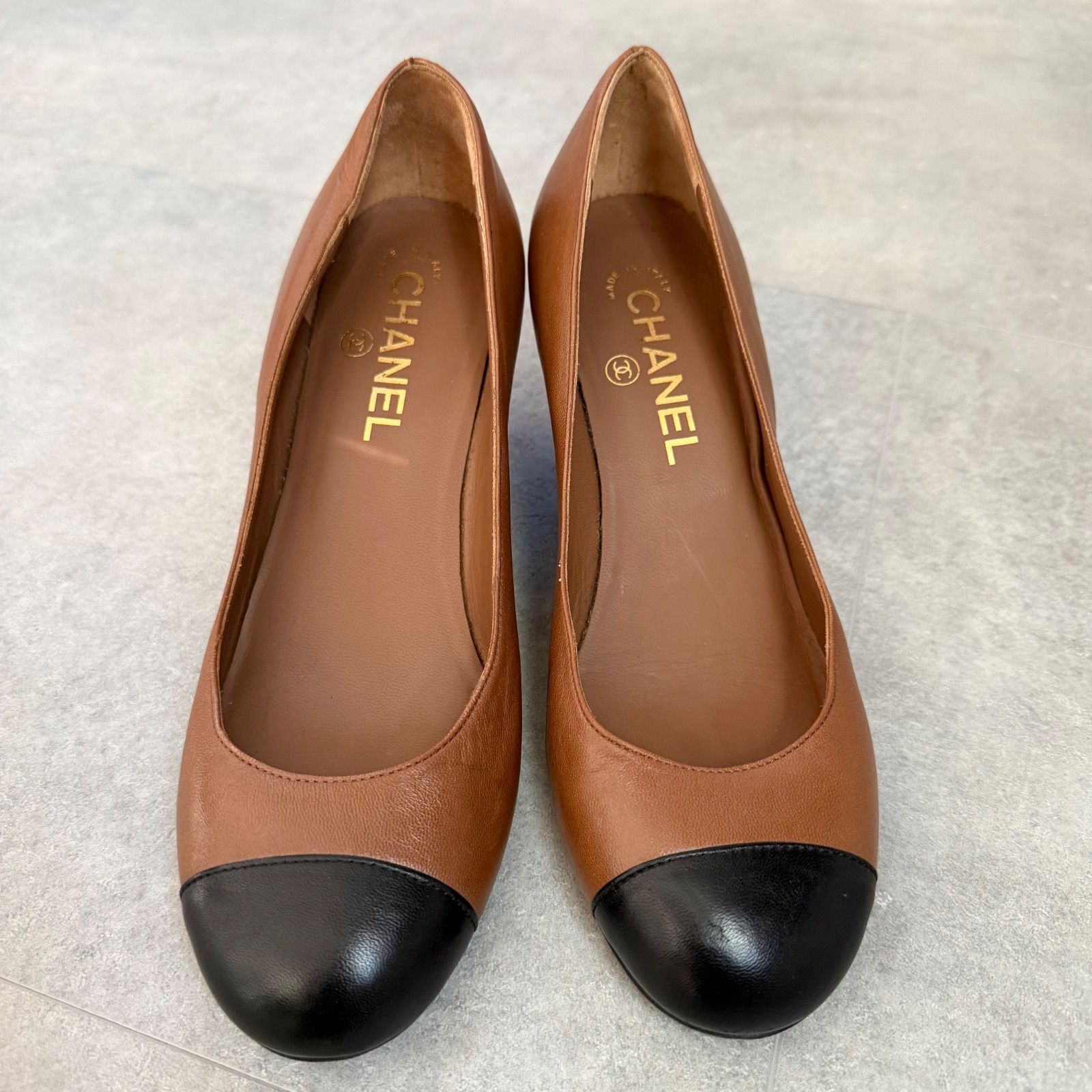 美品 CHANEL シャネル ウェッジソールパンプス ココマーク バイカラー 