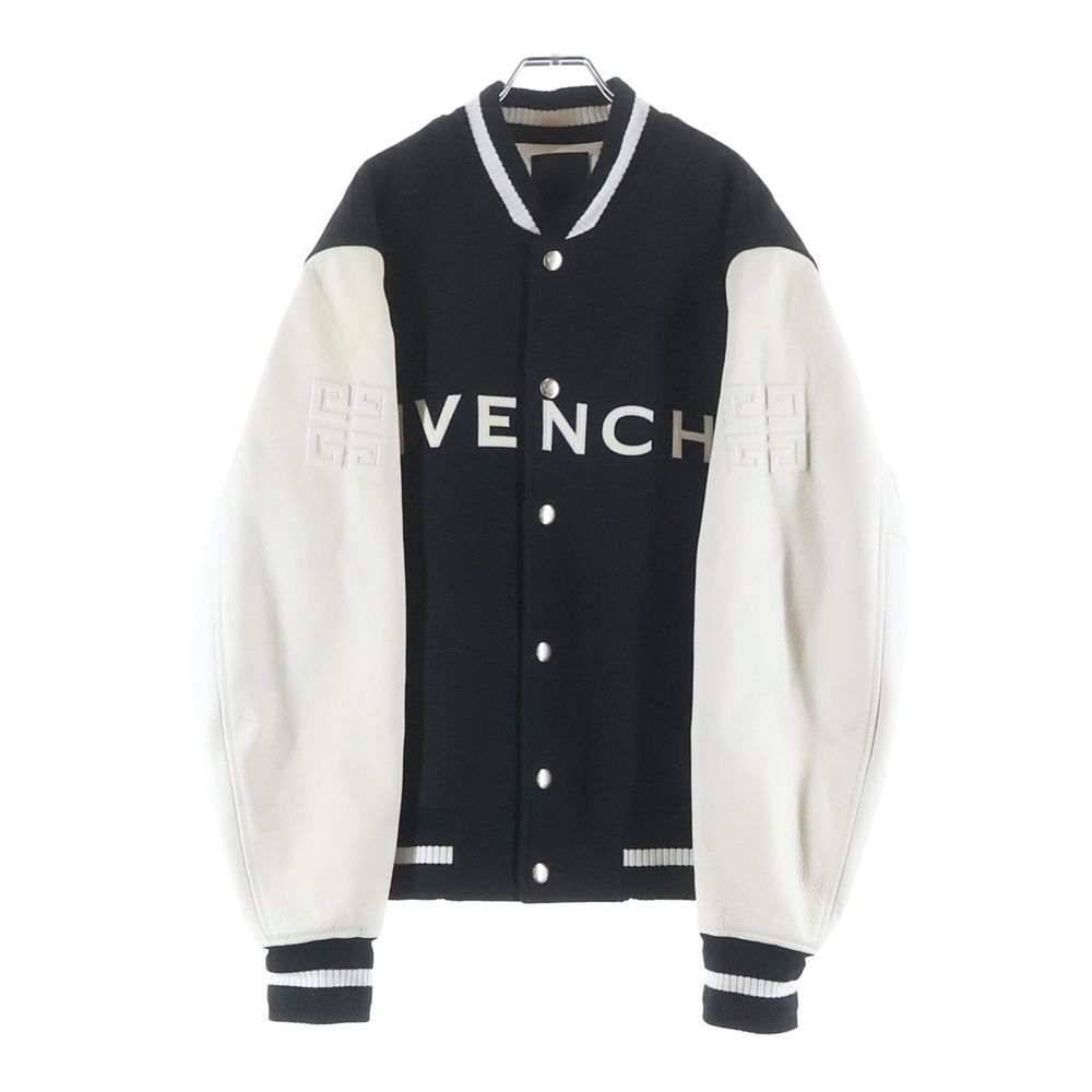 GIVENCHY (ジバンシィ) ロゴ刺繍 レザー切り替え ウールボンバージャケット ブルゾン スタジャン ブラック/ホワイト