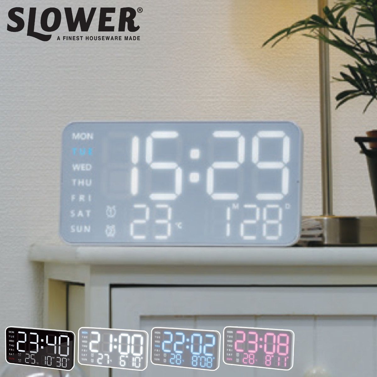 置き時計 LED デジタル時計 温度計付き 置き掛け兼用 SLOWER シエロ （ 温度計 カレンダー USB LED時計 置き 掛け アラーム スヌーズ カウントダウン 輝度調整 曜日表示 おしゃれ ） 