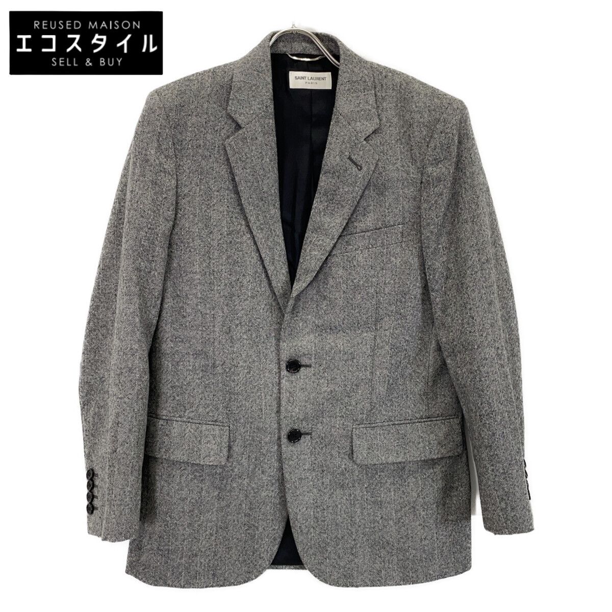 SAINT LAURENT PARIS サンローランパリ 489420 Y038R ｸﾞﾚｰ ｳｰﾙ ｾﾝﾀｰﾍﾞﾝﾄ 2Bﾍﾘﾝﾎﾞｰﾝﾃｰﾗｰﾄﾞｼﾞｬｹｯﾄ 44