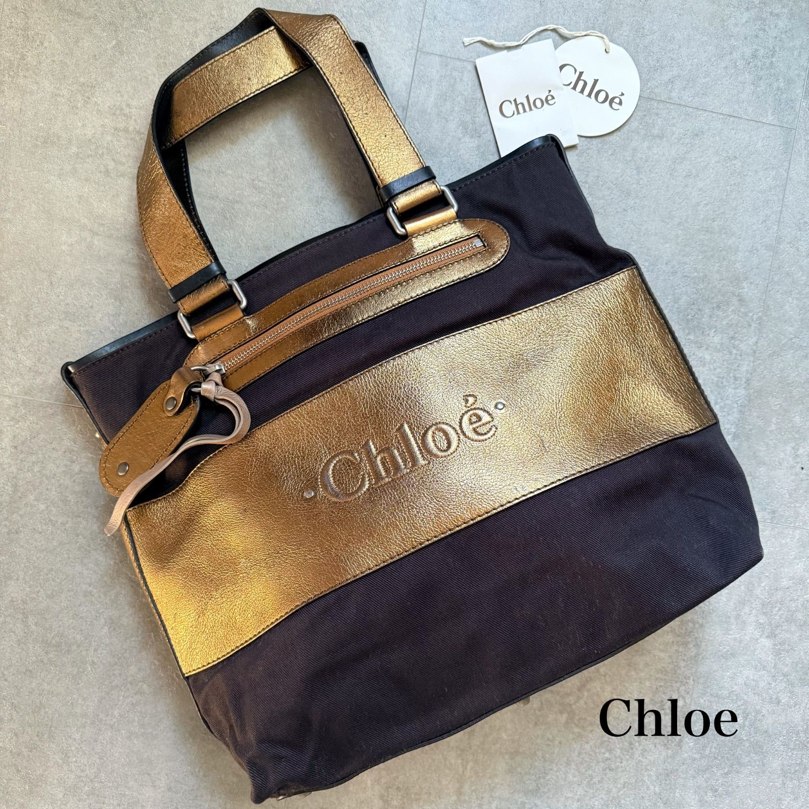 Chloe クロエ キャンバス レザー ロゴ トートバッグ ブラウン ゴールド 