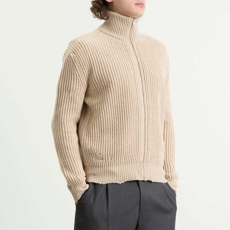 マルタンマルジェラ メンズ トップス シャツ フルジップ MM6 Maison Margiela Distressed Rib Zip Through Beige Melange ベージュ Maison Margiela (メゾン マルジェラ) コットン ボタンダウン 長袖