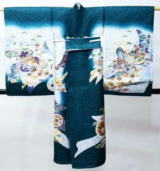 お宮参り 産着 のしめ 男児 男の子 正絹 綸子地 金刺繍 深緑色 武者