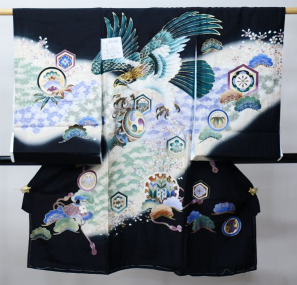 お宮参り 産着 のしめ 男児 男の子 正絹 羽二重 金刺繍 豪華絢爛 黒地
