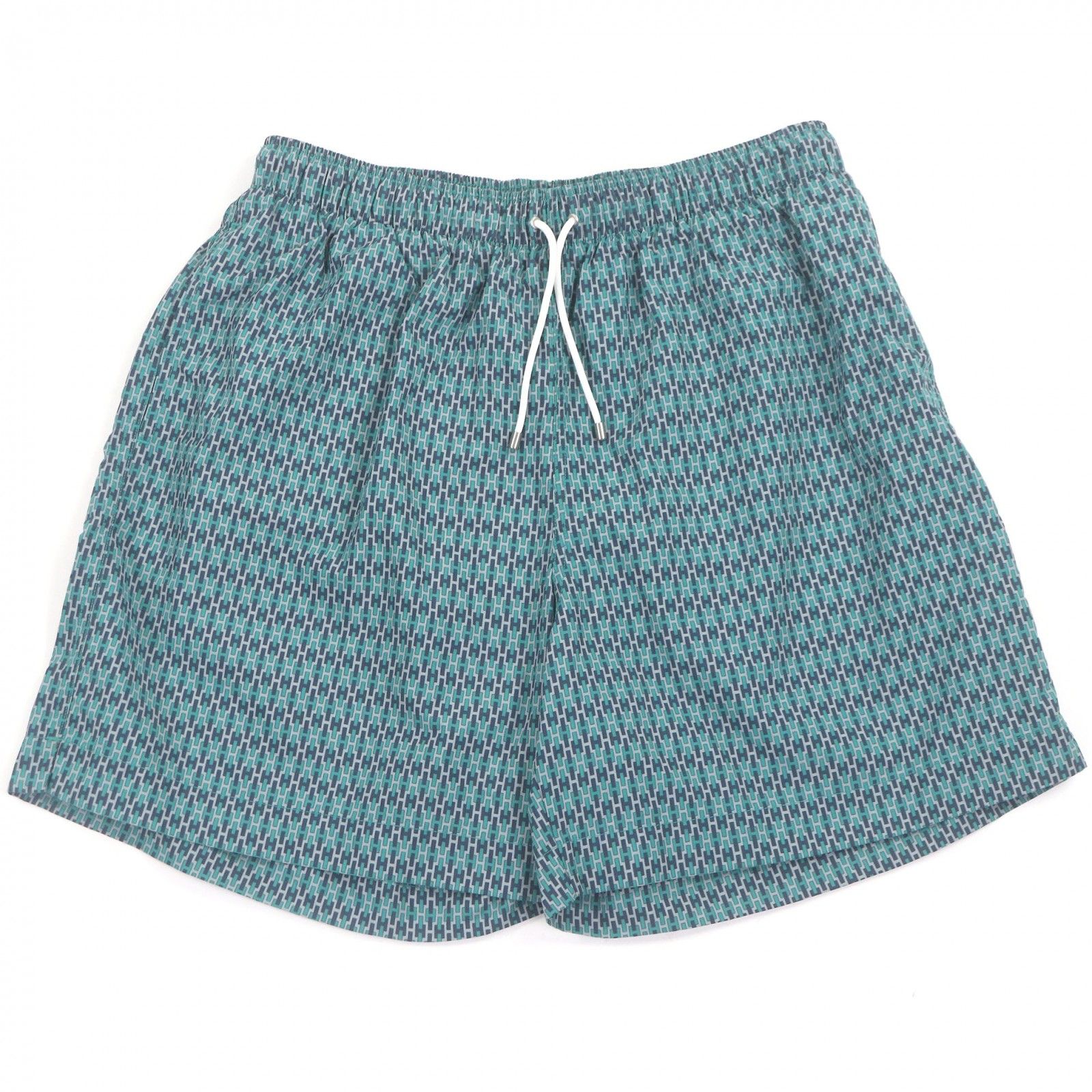 極美品 HERMES エルメス ショートパンツ Hロゴ総柄 セリエボタン スイムパンツ ブルー サイズＬ 未使用品□HERMES エルメス Hロゴ総柄 セリエボタン スイムショート