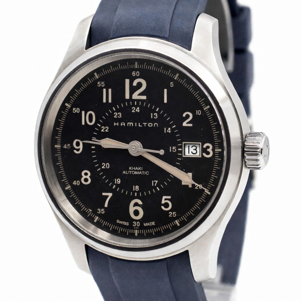 HAMILTON ハミルトン H705950 カーキ フィールド オート ブラック文字盤 デイト 自動巻き ラバーベルト スイス製 メンズ ビンテージ 時計 動作品 良好コンディション