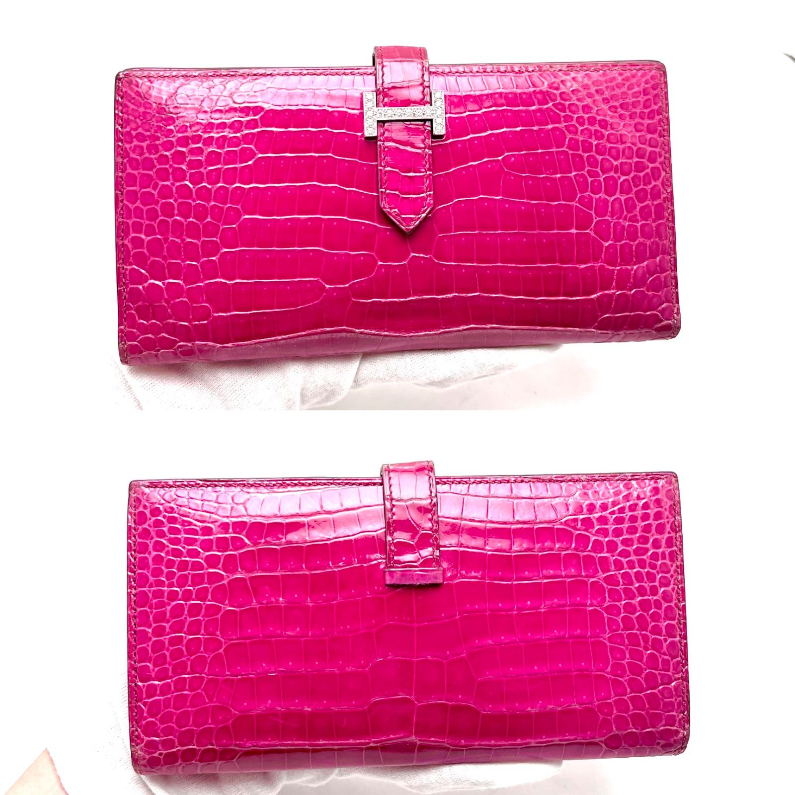 ダイヤ&WG金具エルメスHERMESクロコダイルポロサスべアンスフレ長財布 