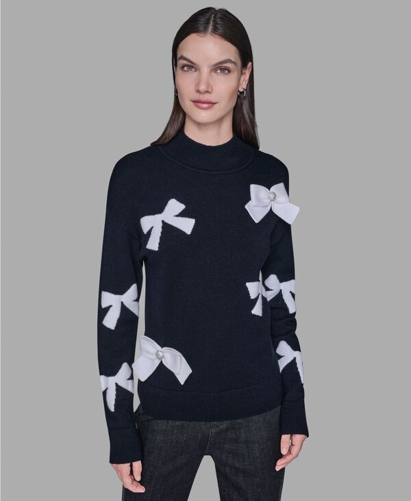 カール ラガーフェルド レディース アウター ニット・セーター KARL LAGERFELD PARIS Womens AllOver Bow Sweater PXSXL BlackSoft White ホワイト