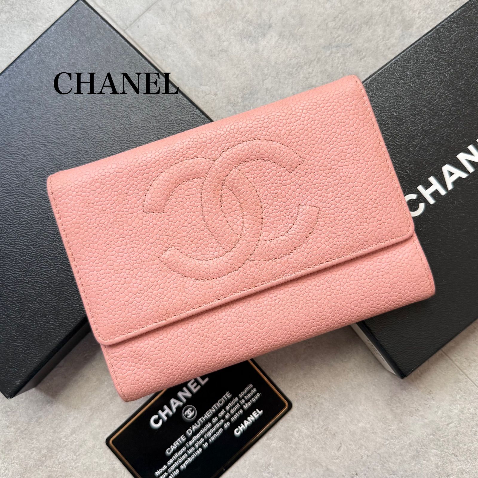 【綺麗】シャネル キャビア ココマーク 三つ折り財布 CHANEL シャネル ココマーク キャビアスキン 三つ折り財布 レザー