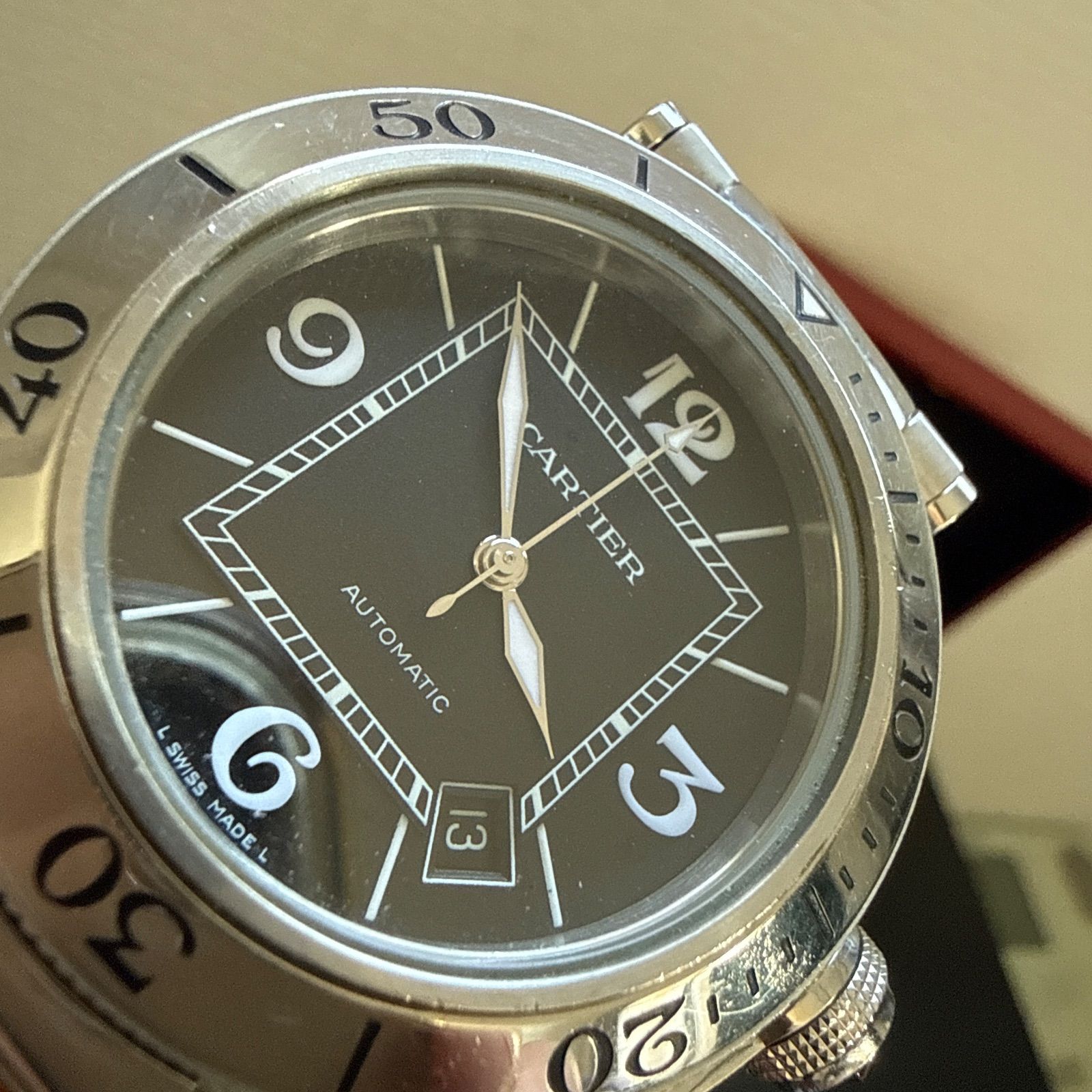  Cartier カルティエ パシャ シータイマー W31077M7 ブラックダイヤル 箱 ハーフ駒付き フィット感 自動巻き時計 腕時計(アナログ)