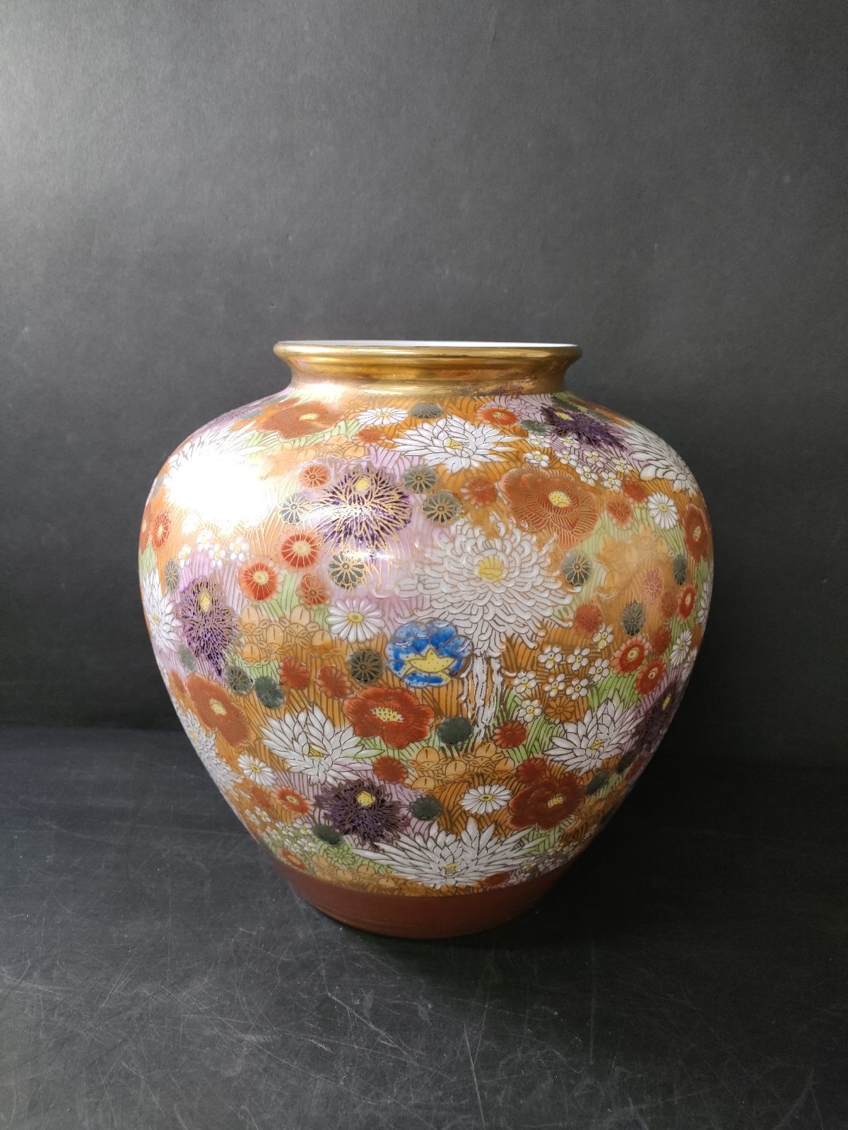 F10-10/九谷焼/九谷星昭 造/色絵金彩花詰画花瓶/約H25cm☓Φ25cm/骨董