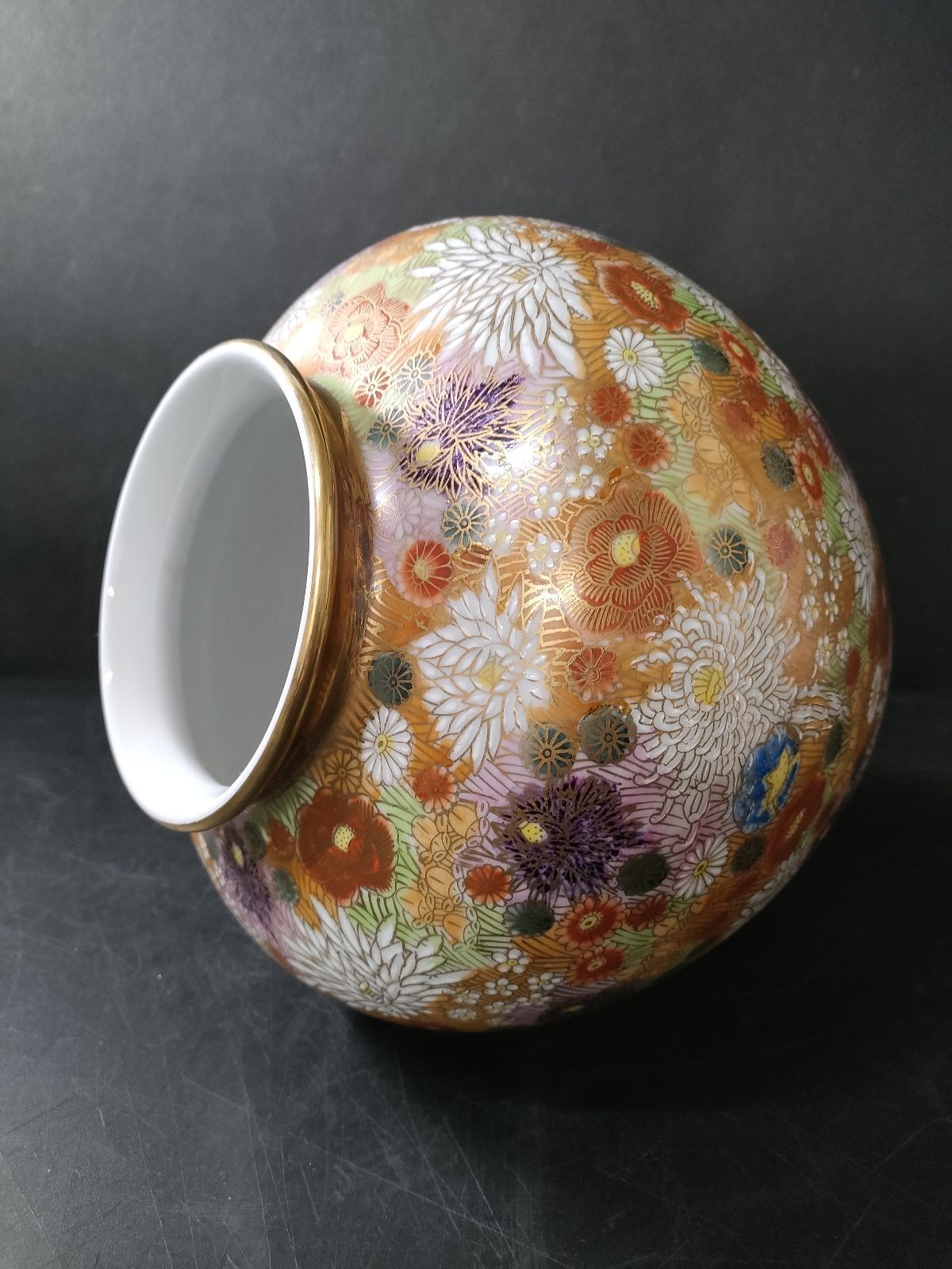 F10-10/九谷焼/九谷星昭 造/色絵金彩花詰画花瓶/約H25cm☓Φ25cm/骨董