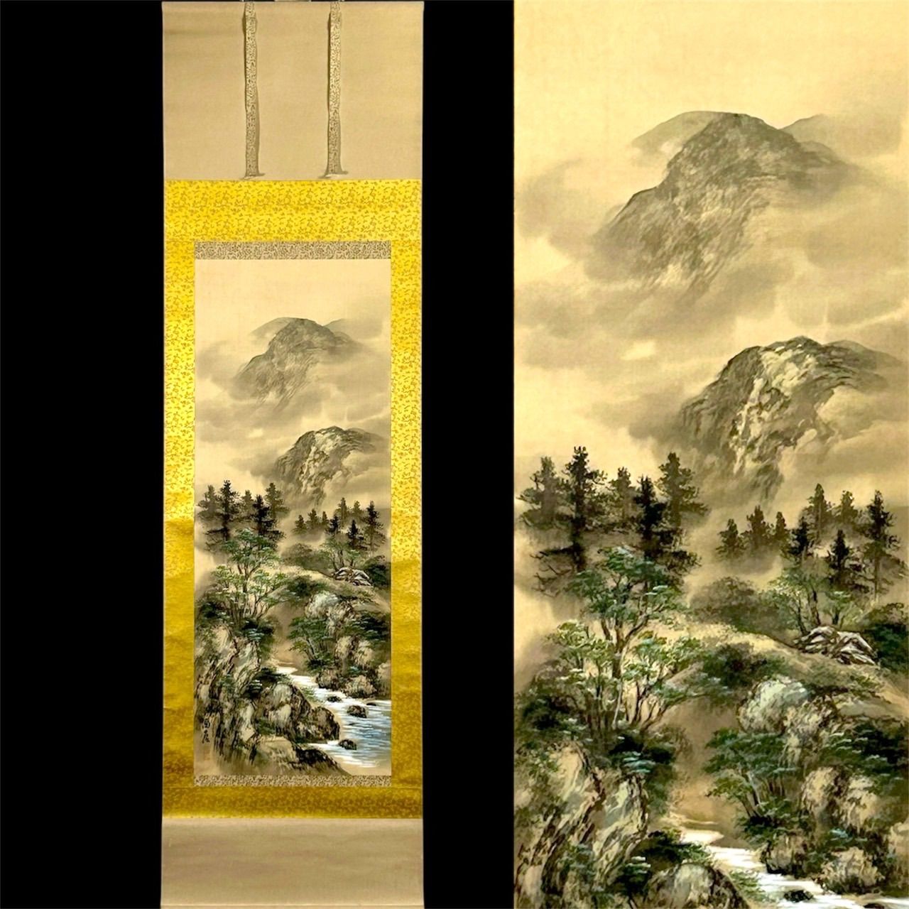 【真作】掛軸　幽玄の山村風景　水墨山水画　墨絵　静寂の自然美　U45 幽玄】在銘 肉筆掛軸 山水 景色絵 自然絵 古美術 - メルカリ
