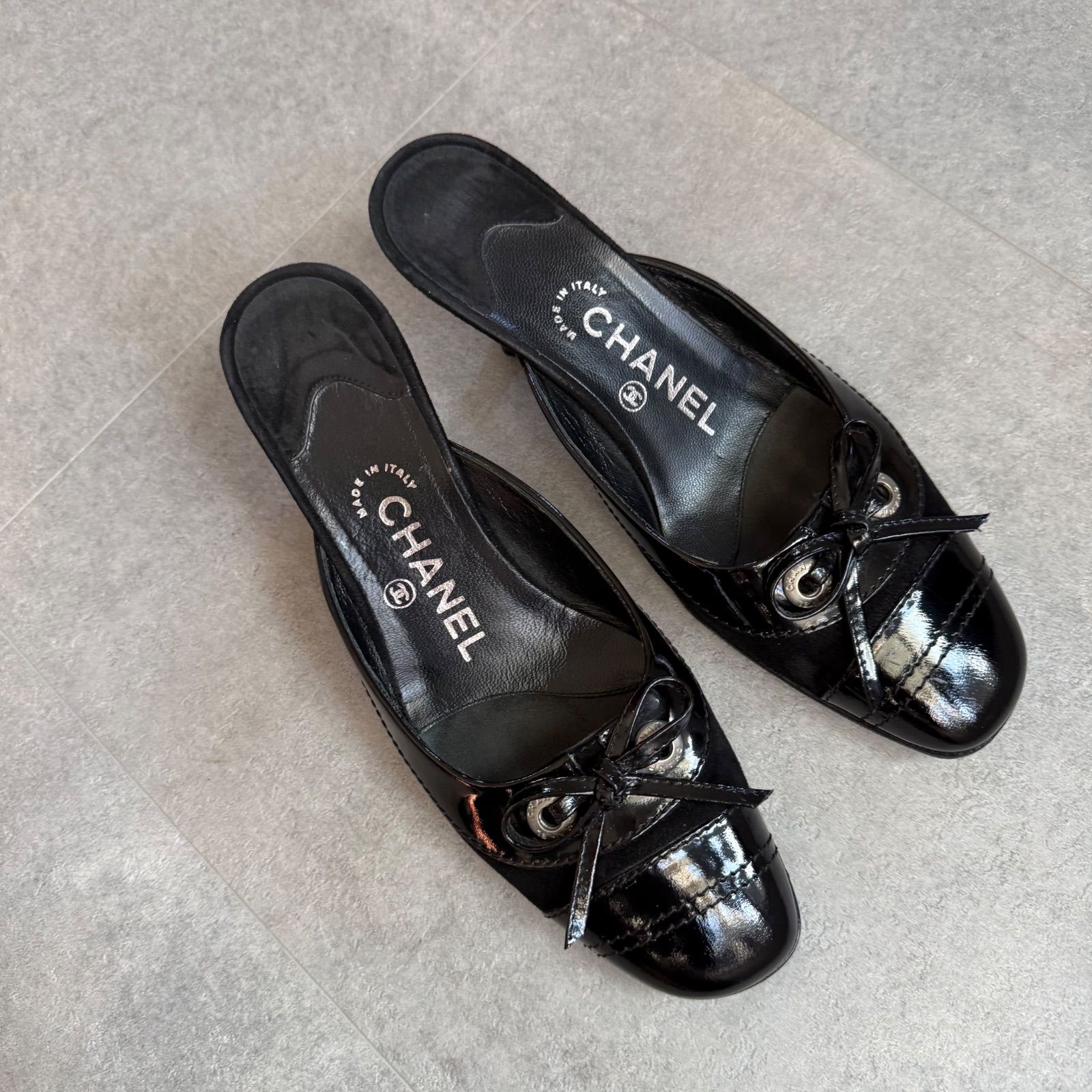 美品 CHANEL シャネル リボンパンプス ミュール ココマーク レザー 