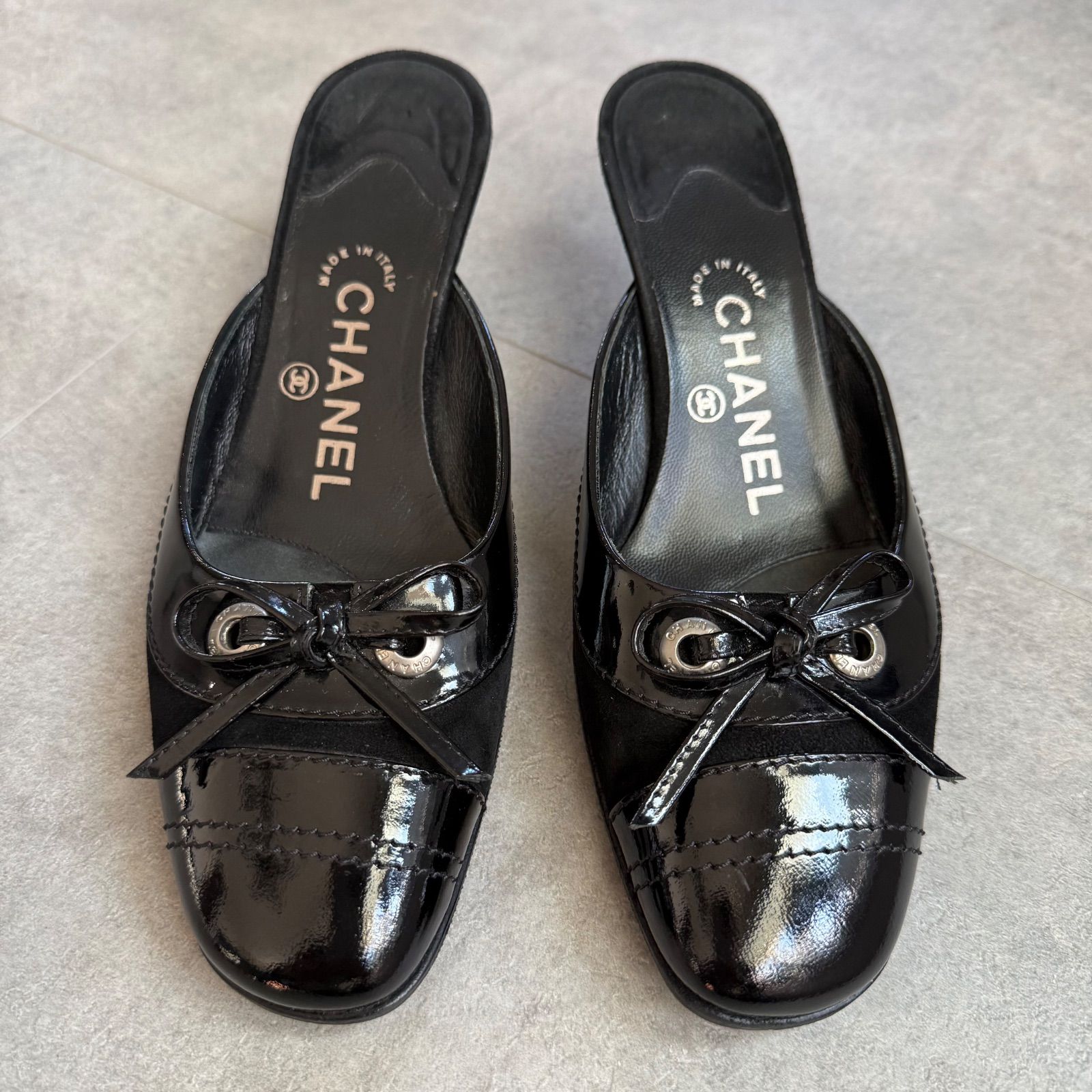 美品 CHANEL シャネル リボンパンプス ミュール ココマーク レザー 