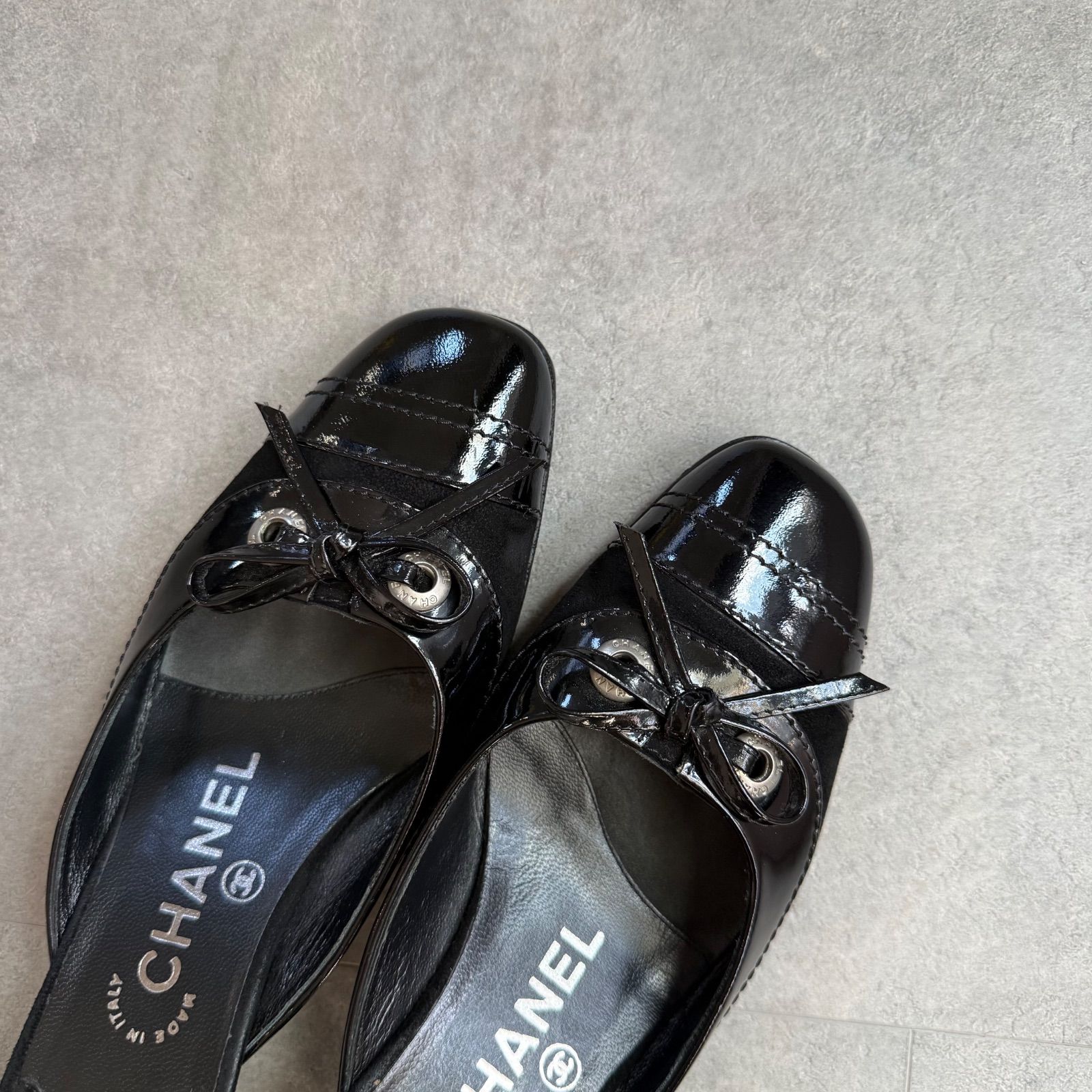 美品 CHANEL シャネル リボンパンプス ミュール ココマーク レザー 