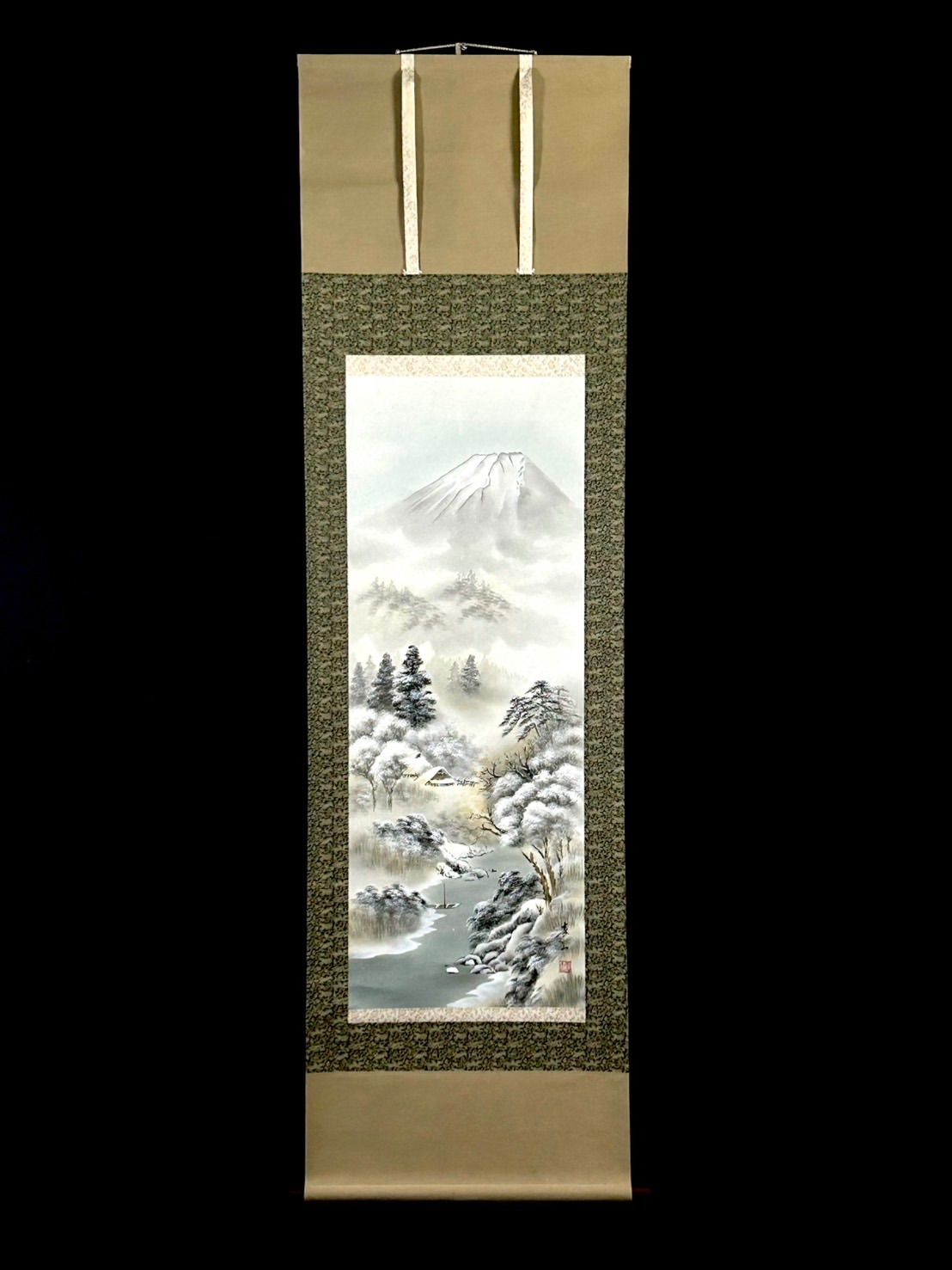 幽玄】時代真作保証和田寿山 肉筆掛軸 風景画 楼閣山水 雪景色 落款