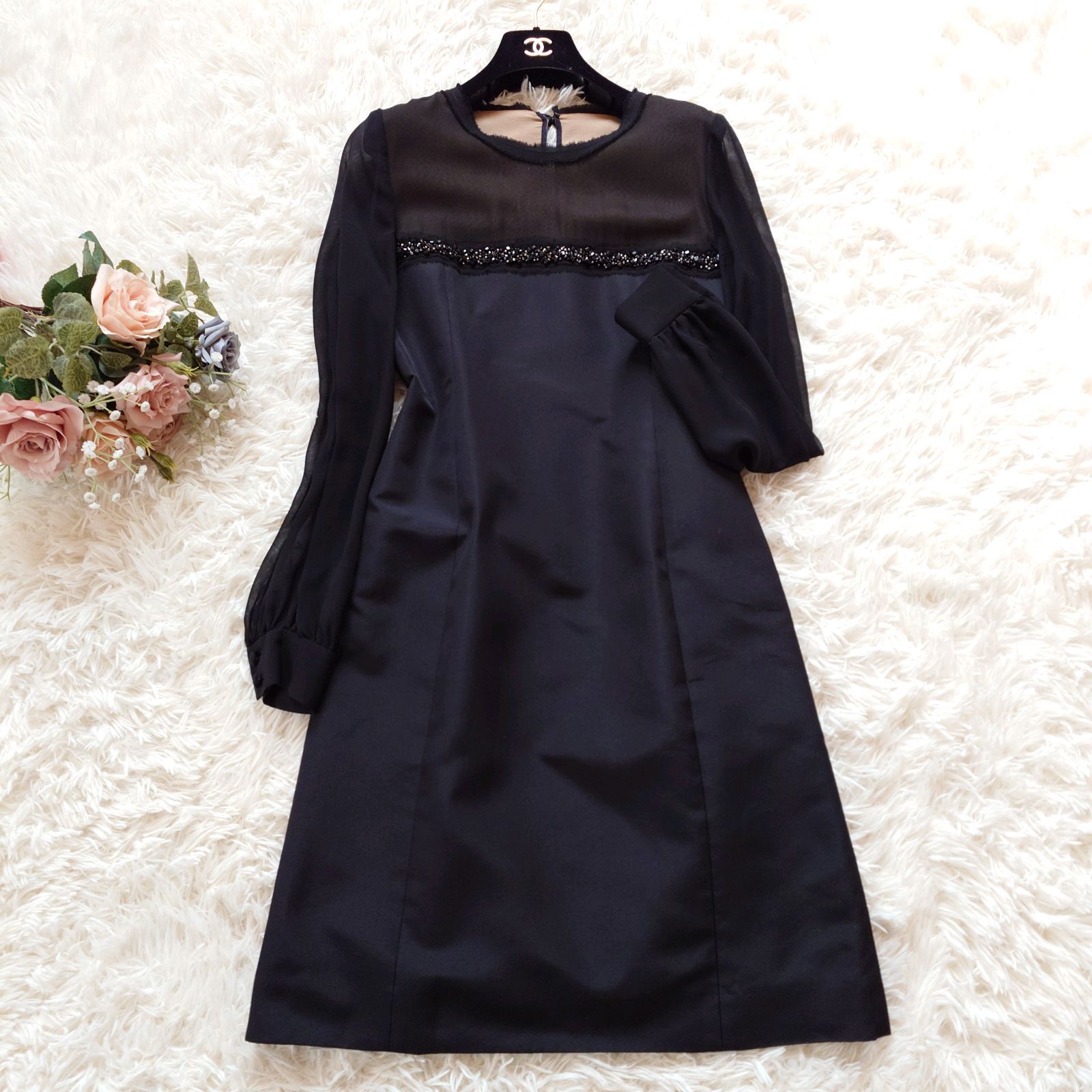 美品 フォクシー FOXEY ビジュー ワンピース ドレス オーガンジー